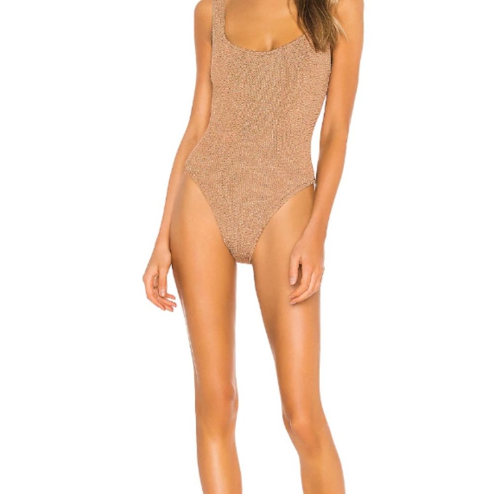 Hunza G Classic Square Neck One Piece in Metallic Cocoa